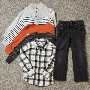 Boy’s 5T Neutral Plaid Button-Down & Mixed Tops Set with Black Jeans